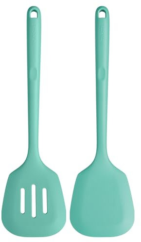 U-Taste 34.5 cm Extra Long Silicone Turners, 315℃ Heat Resistant Solid & Slotted Kitchen Spatula, Non Stick Flexible Rubber Cooking Flipper for Frying, Flipping Eggs, Fish, Pancake (Aqua Sky, 2pcs)