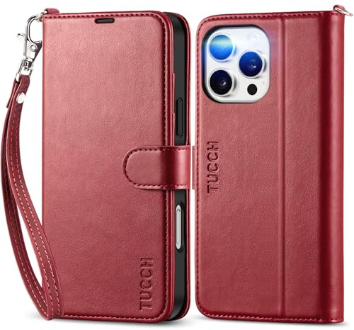 TUCCH Wallet Case with Wrist Strap for iPhone 16 Pro Max (6.9), Dark Red | 4 Card Slots, RFID Blocking, Kickstand, Shockproof TPU Shell, Premium PU Leather, Magnetic Closure, Folio Flip Cover