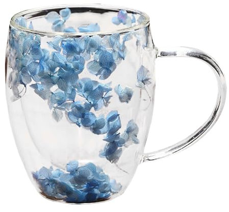 EABYMOR 350ml Double Wall Insulated Coffee Mug,Dried Flower Glass Coffee Cups,Layered Glass Beverage Cup,Espresso Cups Aesthetic for Women (Blue)