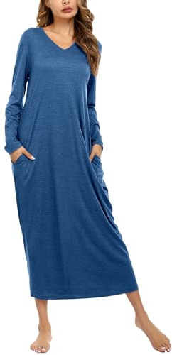 Sykooria Chemise de Nuit Femme Longue Hiver Robe de Nuit Coton Manche Longue avec Poche Peignoir de Bain Taille Grande S-3XL