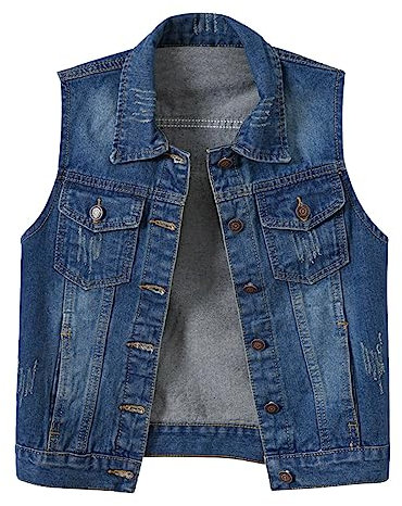 Giacca Di Jeans Western Con Bottoni Vintage Gilet Di Jeans Invecchiato Casual Giubbino Jeans Donna, Gilet Di Jeans Da Donna Blu Scuro Lavaggio Sbiadito Scollo A V Senza Maniche
