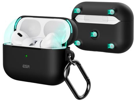 ESR für AirPods Pro 2/1 Hülle (2023/2022/2019), kompatibel mit AirPods Pro 2./1. Generation, Unterstützt kabelloses Laden, Magnetischer Deckel, Schutzhülle mit Karabinerhaken, Cloud Serie, Schwarz