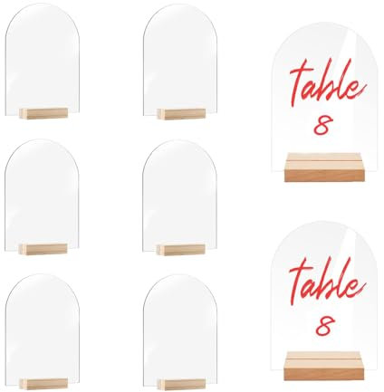 Kaizuca 8 Stück Tischnummern aus Acryl mit Kartenhalter aus Holz, Wiederverwendbare Tischnummern für Hochzeit, Blanko Gewölbte Acrylplatte Schilder für Geburtstag, Taufe, Hochzeit Tischdeko