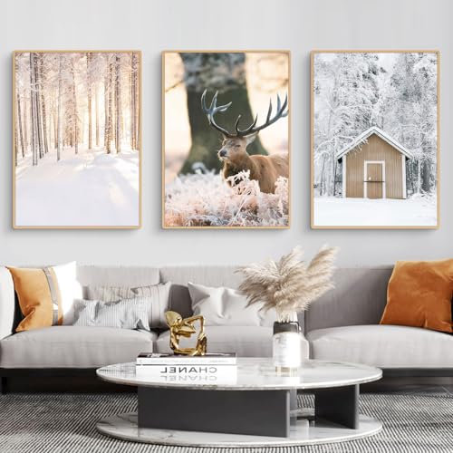 Viusneun 3er Premium Poster Set, Winter Elch Wandbilder Aesthetic Schnee Szene Wandposter Ohne Rahmen Poster für Wohnzimmer Schlafzimmer (40 x 50 cm)