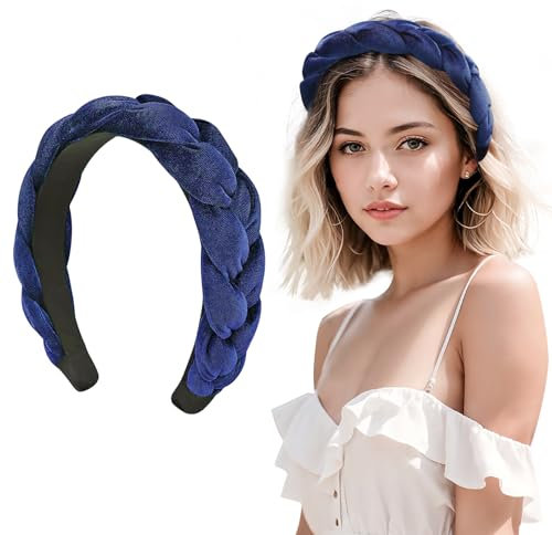 LOPHE Haarreifen Damen, Samt Haarreif Geflochten Stirnband, Haarreif Breit Dunkelblau Haarschmuck, Vintage Gepolsterte Haarreifen, Stirnbänder Kopfband für Damen und Mädchen