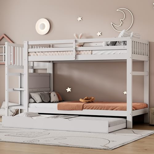 MQLAE Triple Bunk Bed, 3FT Single, Wooden Bunk Beds With Ladder Triple Sleeper Kids Bunk Bed, Staircase design with four drawers, Abundant storage space, Solid Pine Wood, White, 90x190cm