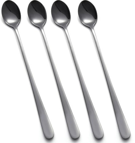 tiokin Lot de 4 cuillères à latte à long manche en acier inoxydable, idéales pour latte café, expresso, chocolat chaud, boissons chaudes, desserts et crème glacée, 22,3 cm (noir)