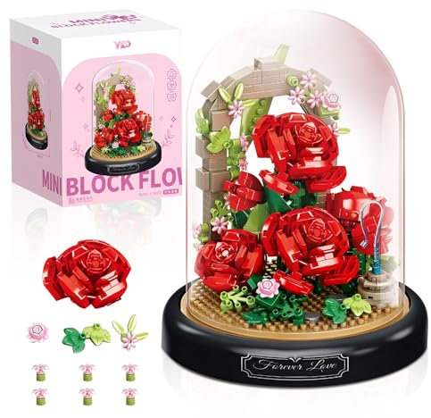 Lotvic Juego de Bloques de Construcción, Juego de Bloques de Construcción de Flores, Bloques de Construcción de Ramo, Ramo de Bloques de Construcción con Cúpula Antipolvo, 547 PCS (Rosa Roja)