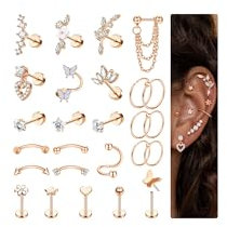 Adramata 26Pcs Helix Piercings Chirurgenstahl Ohrringe Piercing Set Flatback Ohrstecker Ohr Piercing Helix Ring Knorpel Ohrringe Damen Gold Silber Conch Rook Tragus Piercing Ohr Schmuck