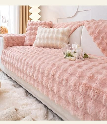 Plüsch-Sofakissen, superweich, verdickt, Plüsch-Kissenbezug für Ledersofa, rutschfest, Sofa-Handtuch, Rosa, 90 x 90 cm