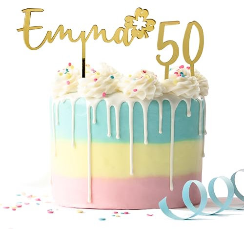 Suzu Papers Cake Topper Geburtstag Name personalisiert - Tortenstecker mit Wunschname und Zahl - Tortendeko Geburtstag gold rund (Gold Spiegelacryl)