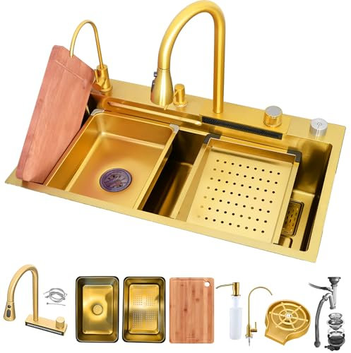 KOOGIMDDR Fregadero de cocina dorado de 80 x 50 cm, con grifo de cascada, fregadero de cocina de acero inoxidable, rectangular, instalación superior con lavaplatos extraíble, tabla de cortar