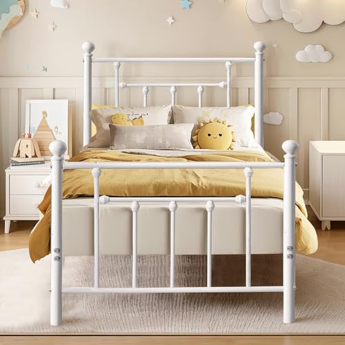 VECELO Metallbett 90 x 200 cm Bettrahmen mit Lattenrost und Hohem Kopfteil, Modern Gästebett Jugendbett, Einfacher Aufbau für Schlafzimmer Gästezimmer, Weiß