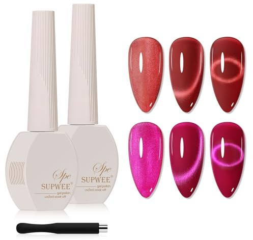 SUPWEE Cat Eye Gel Nail Polish Set, 2 Colors Red Hot Pink Cat Magnetic Gel | Soak-Off UV/LED Glitter Holographic Cat Eye Nail Polish for DIY Manicure Art Salon Home