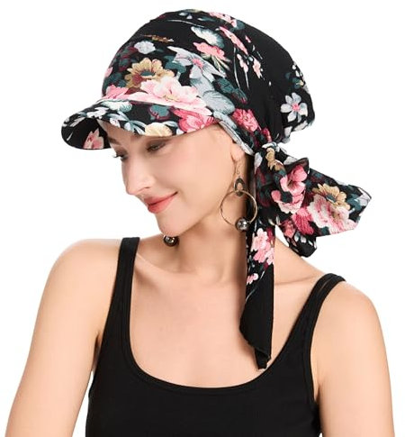 ZLYC Damen Chemo Headwear Brim Visor Hat Beanie-Mütze(Gebundene Rote Blumen Schwarz),Einheitsgröße