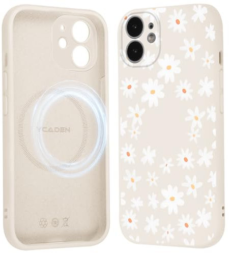 Saqmkil Coque Magnétique pour iPhone 12 6,1, Compatible avec MagSafe, Aesthetic Fleurs Motif Etui Dessin Fille Case, Souple Silicone Liquide Mince TPU Bumper Antichoc Housse Cover, Beige