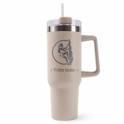 Mug Isotherme 1,2L - Activité avec Prénom Personnalisable – Bouteille avec Anse, Paille et Couvercle – Sport Passion Idée Cadeau Personnalisé Gourde (Beige, Escalade)