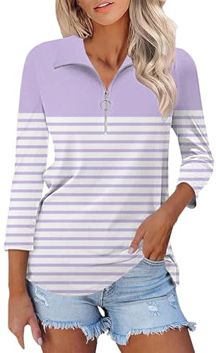 Women's 1/4 Zip Polo Shirts Ladies 3/4 Sleeve Stand Collar Golf Tennis Blouses Business Casual Basic Tops