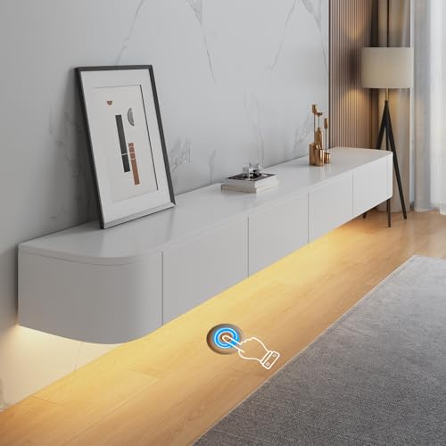 HYANXUE Floating TV Stand, Wall Mounted TV Shelves With Door,TV Media Console, Floating TV Cabinet Large Storage TV Bench Under TV (White+LED, 140CM/55.1)