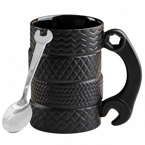 3D Reifen Kaffeetasse mit Löffel und Griff, 500ml Große Tasse | Lustige Geschenke für Männer Papa Opa, Handwerker Elektriker Chef, Autoliebhaber Mechaniker Motorradfahrer