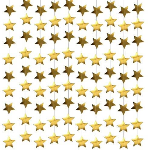 AIWXEEU 4 Stück Stern Papier Girlande Gold, 16m Reflektierende Wimpelkette für Geburtstag Hochzeit Party, Glitzer Hängedeko Hintergrund für Jubiläum, Festliche Raumdekoration