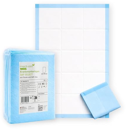 Medi-Inn Krankenunterlagen SAP Select 60x90 cm, 25x saugstarke Einweg Bettschutzunterlagen, Inkontinenzunterlagen, Wickelunterlage für Babys, flüssigkeitsdicht & rutschhemmend, blau