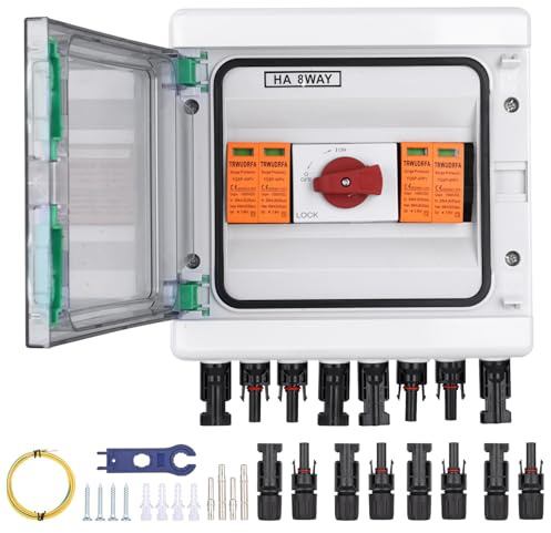 TRWUDRFA Überspannungsschutz PV 1200V 32A DC Trennschalter 2 in 2 Out，Photovoltaik Anschlussdose mit 1 4P Drehmoment Leistungsschalter, 2 2P ÜA，Blitzschutz, Solar PV Anschlusskasten für PV Anlage