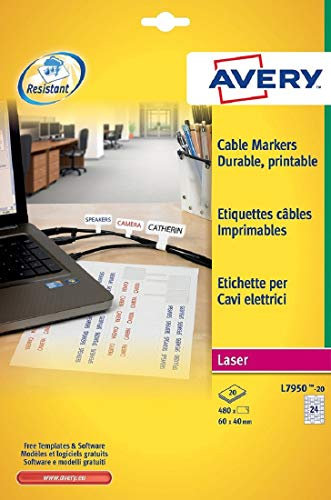 Avery España L7950-20 - Etiquetas para identificar cables eléctricos, en poliéster blanco resistentes al agua, 45x40 mm, caja de 480 etiquetas