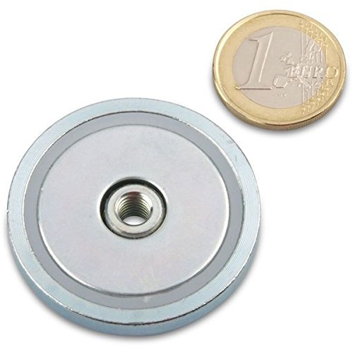 Neodym Flachgreifer (magnets4you) - Ø 42,0 x 8,0 mm, Innengewinde M6, 40 kg, Topfmagnet verzinkter Stahltopf, Magnet zum Anschrauben, Werkstattmagnet Industriemagnet