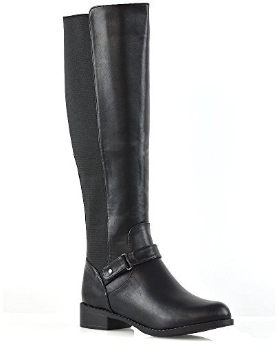 ESSEX GLAM New Womens Flat Low Heel Knee High Ladies Zip Buckle Stretch Leg Calf Boots Size