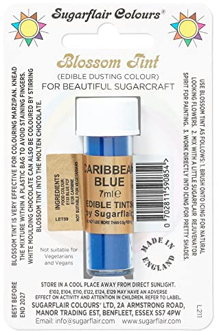 Sugarflair Blossom Tint Caribbean Blue Food Colouring and Dusting Powder, Matt Finish, Brush On or Mix with Rejuvenator Spirit to Create a One of A Kind Cake - 7ml