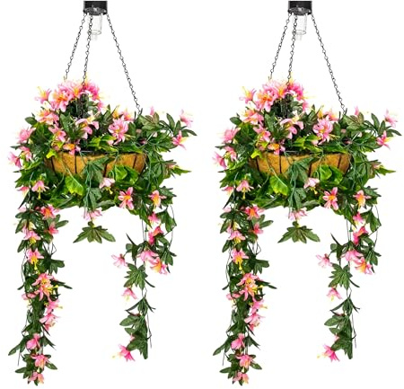 Primrose Duranta Artificial Hanging Baskets with Solar Light - 4 Colours (Pink, Pair)