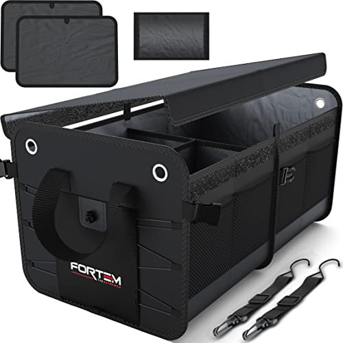 FORTEM Kofferraum Organizer, Kofferraumtasche, Zusammenklappbarer Auto Organizer Kofferraum mit Fächern, Rutschfester Boden, Verstellbare Sicherungsriemen, Klappbarer Deckel (Schwarz, Groß)