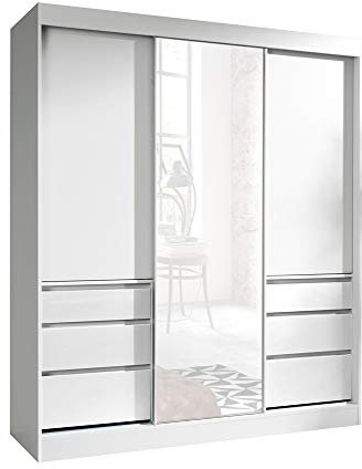 FurnitureByJDM Armoire avec Miroir – 3 Portes Coulissantes, 2 Tringles À Vêtements & 3 Tiroirs - Garde-Robe 180 Cm De Large - Haiti (Blanc/Blanc)