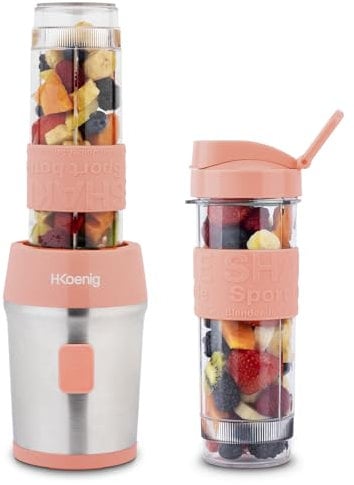H.Koenig Mini Smoothie Maker Standmixer, Blender elektrisch, Transportabel Kompakt 570mL SMOO10 BPA-frei Leistungsstarke 300W, Smoothie Mixer 2 tragbare Flaschen, Edelstahlklingen, Rosa