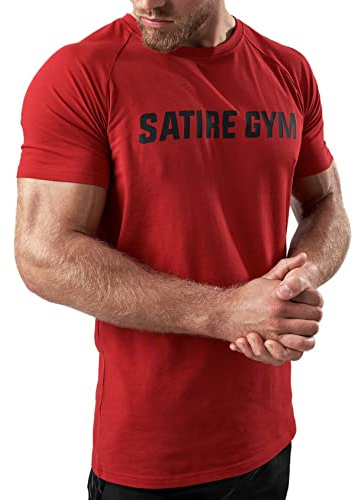 Satire Gym - Maglietta sportiva da uomo in cotone - Vestibilità aderente e ad asciugatura rapida - Maglietta sportiva da uomo come maglietta fitness e maglietta da palestra, rosso, L