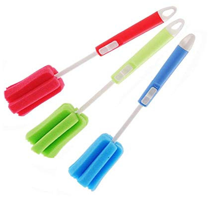 QUUPY 3Pcs Adjustable Sponge Cleaning Brush with Long Plastic Handle Bottle Cleaner Cup Cleaning Brush Feeding Bottle Scrubber Washing Brush for Glass Winebottle Coffee Glasses Pot (Color Random)