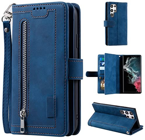 UEEBAI Hülle für Samsung Galaxy S22 Ultra 5G, Retro Reißverschluss Handyhülle PU Leder Handytasche Bumper mit 9 Kartenfächer Standfunktion Geldbörse Trageband Schutzhülle Flip Wallet Case - Blau