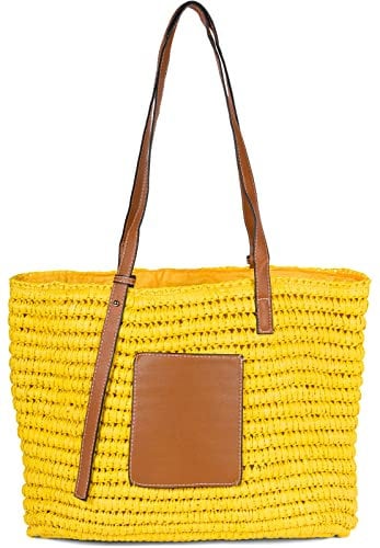 styleBREAKER Korbflecht Schultertasche aus Papierstroh mit Kunstleder Details | Damen Shopper Basttasche geflochten mit Reißverschluss | Strandtasche 43 x 34 x 4 cm, Farbe:Gelb