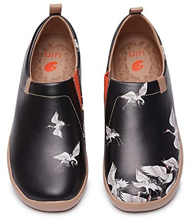 UIN Zapatos Planos de Cuero para Mujer, Mocasines Casuales de Microfibra para Viajes, Pintados a la Moda, sin Cordones, Grulla en la Oscuridad, 39 EU