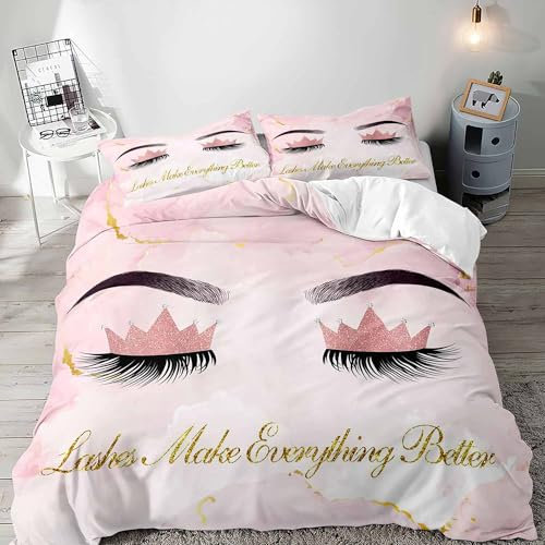 VIVIHOME 3PCS Rose Gold Crown Diamond Princess Eyelash Bedding Set, Duvet Cover Full, Inspirational Girly Fashion Makeup White Pink Bedding, Comforter Cover, Women Girls Bedroom Decor, 2 Pillowcases