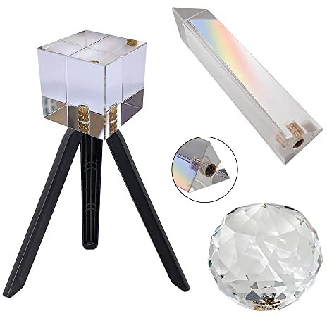 Fotografie Bokeh Prismen Set, Regenbogenprisma aus Kristallglas für Spektrum Fotounterrichts, Inklusive Dreieckigem Prisma, Facettiertem Sphärischem Prisma, Würfelprisma, Tragbarem Stativ