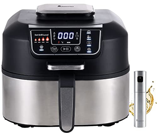 MasterPro Smokeless Grill | Kit de Grill Eléctrico de 1760W de Potencia y Spray Pulverizador de Aceite | 5 Funciones | Freidora de Aire | Freidora Sin Aceite, Horno y Deshidratador de Alimentos