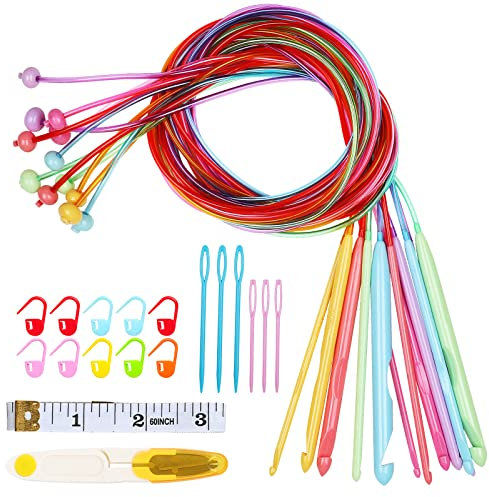 Aeelike 12 Stück Tunesische Häkelnadel mit Seil, 3,5-12 mm Bunt Kunststoff Tunesisch Häkelnadeln Set mit Strickzubehör, 120cm Tunesisch Häkelnadeln für Decken, Teppich, Pullover Große Strickprojekte