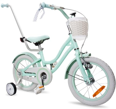 sun baby Mädchenfahrrad 14 Zoll Radgröße Heart Bike zur Auswahl, mit Abnehmbarer Schubstange, Kinderfahrrad für Mädchen von 2 bis 6 Jahre (Silver Moon Mint, 14 Zoll)