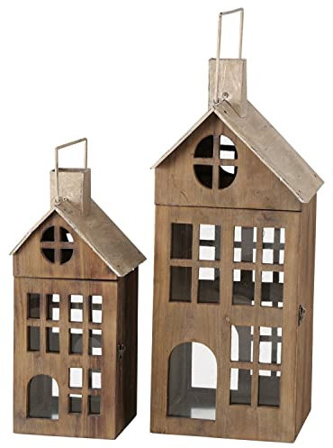 BOLTZE 2tlg. Set Laterne Marling braun aus Holz I Höhe 40cm & 58cm I Deko-Windlicht, Kerzenhalter I Teelicht-Haus I Weihnachts-Dekoration zum Hinstellen I Wohnzimmer, Esstisch I Advent Christmas