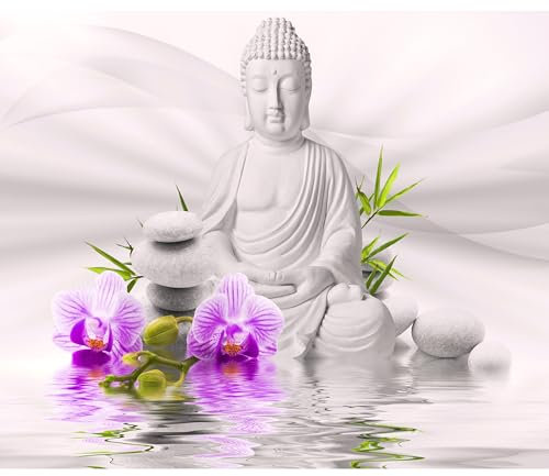 decomonkey - Papier Peint Panoramique Adhésif Bouddha Orient 245x175 cm - Stickers Muraux Chambre Autocollant - Vert rose gris violet - Asie bouddha bouddhisme feng shui orchidées orienter zen