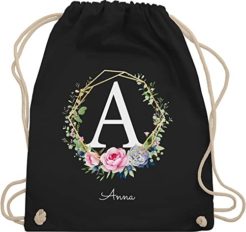 Turnbeutel Rucksack - Initialen - Personalisierte Geschenke Frauen I Geschenkideen Mädchen mit Namen I Geschenke Freundin - Unisize - Schwarz - schulkind beutel buchstaben blumenkranz sportbeutel
