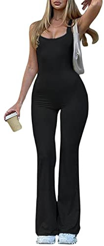 Loalirando Damen Quadratischer Kragen Ärmellos Jumpsuit Einteiler Slim Fit Lang Romper Overall mit Bootcut-Hose Streetwear (Schwarz, M)