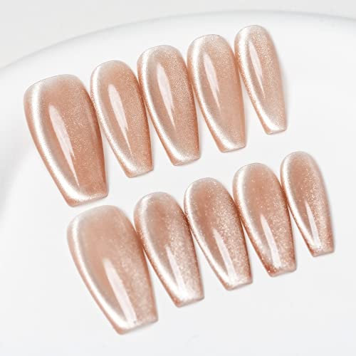 Sun&Beam Nails Handmade Press-on Medium Long Coffin Ballerina Nude Beige Magnet Solid Color glossy Design Fashion False Nail Tips 10 Pcs Set (#086 M)